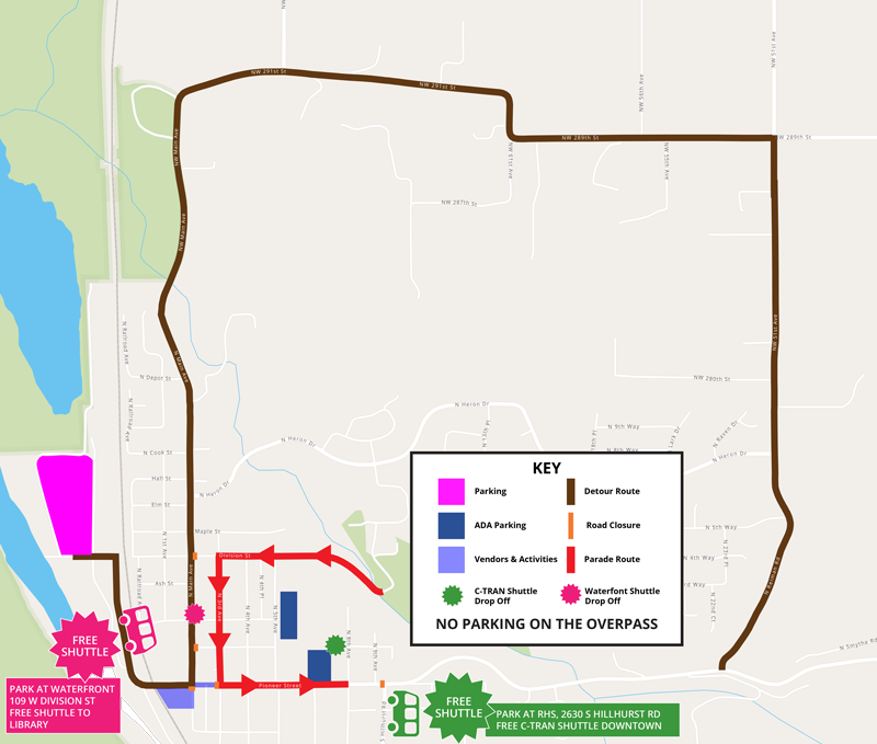 2026 Ridgefield 4th of July Parade Route Map showing staging at Abrams Park, route along 4th Ave, Division, 3rd Ave, and Pioneer Street to 8th Ave